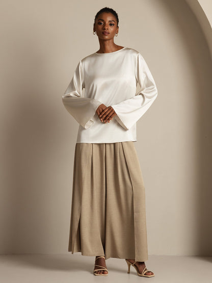 Rosstef 19Momme Silk Bell Sleeve Boat Neck Kadın Giyimi