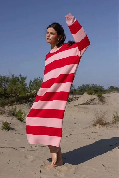 Günlük Çizgili Oversize Midi Elbise