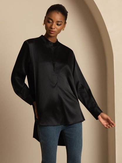 Rosstef 19Momme Silk Flex Stand Collar High-Low Bluse