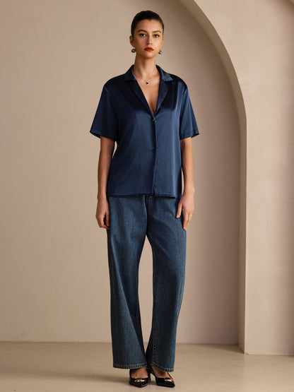 Rosstef 19Momme Silk Short Sleeve Notched Lapel Kadın Elbisesi