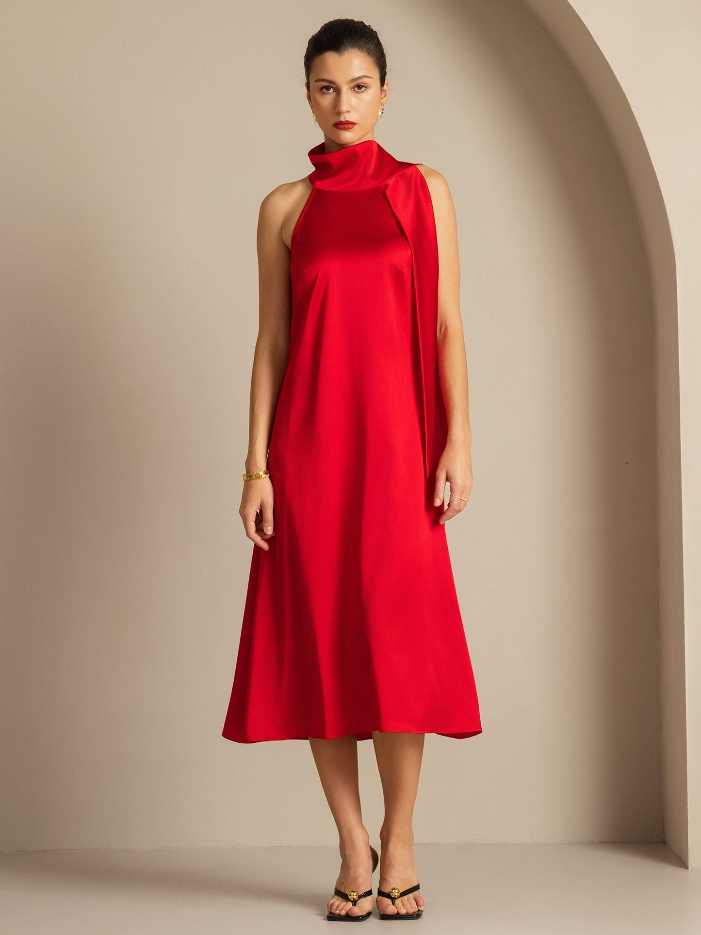 Rosstef 19Momme Silk Sleeveless Tie Neck Midi Dress