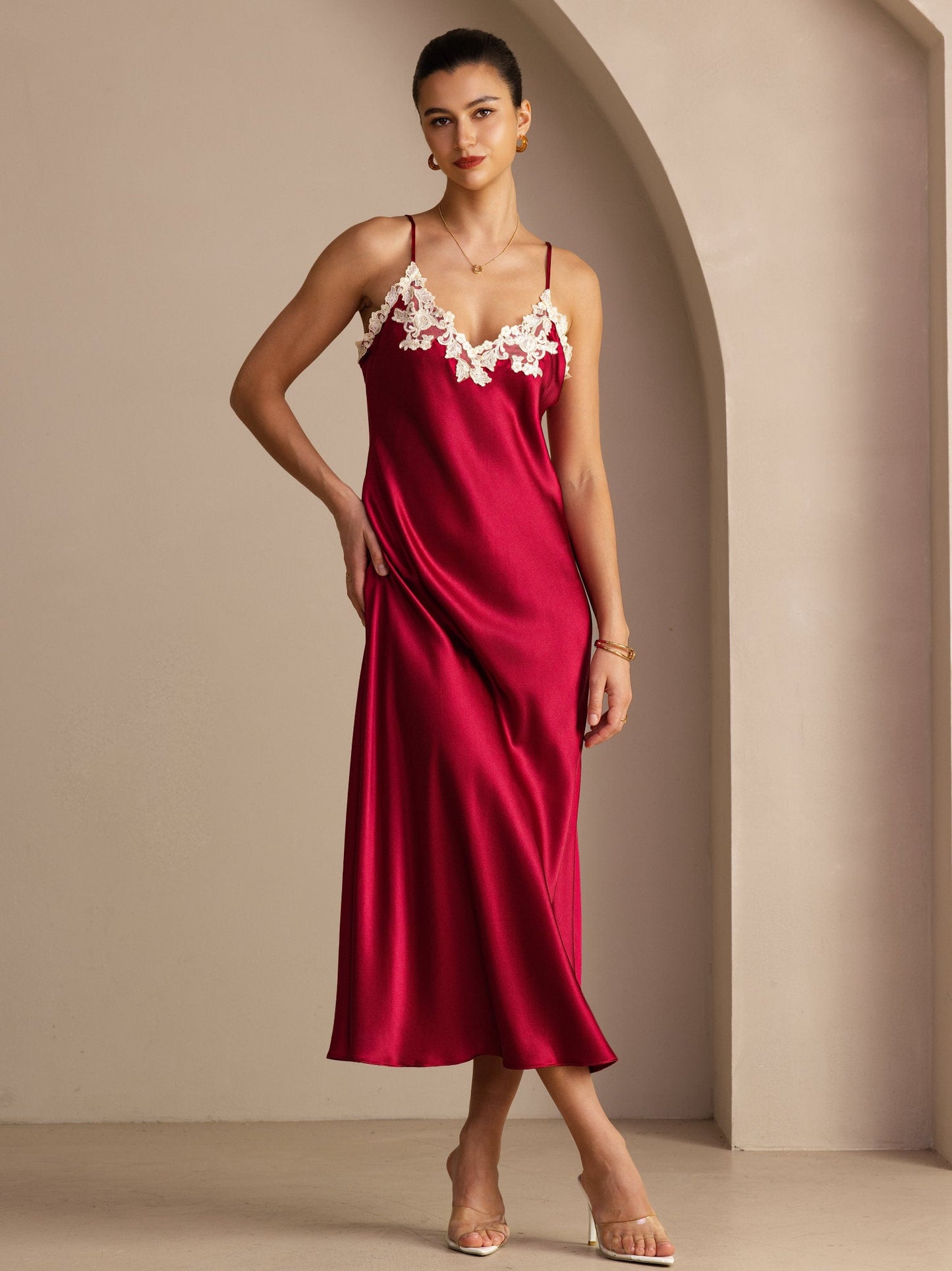 Rosstef Mulberry Silk V Neck Midi Dress with Lace