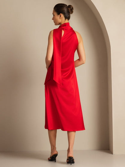 Rosstef 19Momme Silk Sleeveless Tie Neck Midi Dress