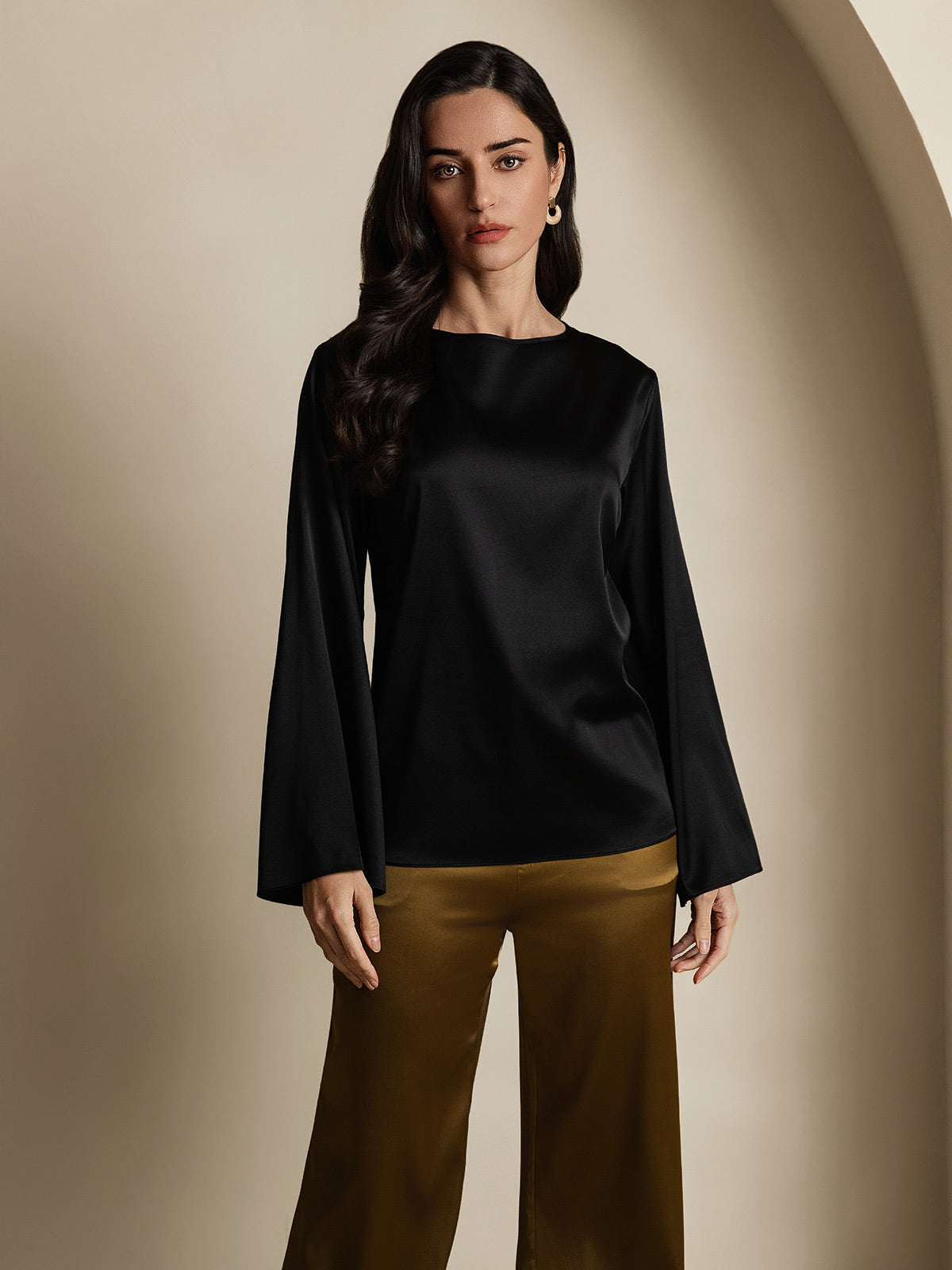 Rosstef 19Momme Silk Bell Sleeve Boat Neck Kadın Giyimi