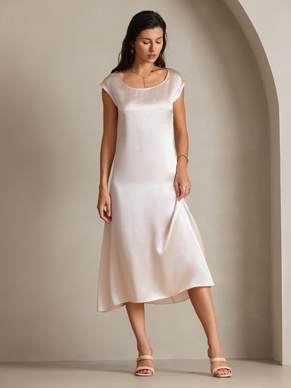 Rosstef 19Momme Silk Cap Sleeve Round Neck Midi Dress