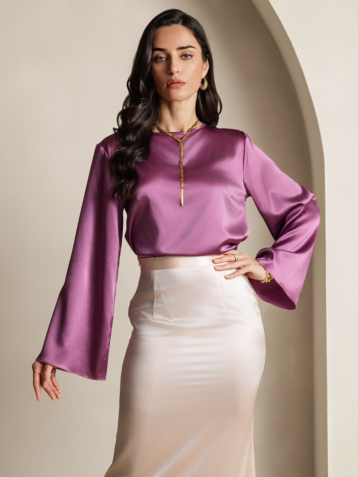 Rosstef 19Momme Silk Bell Sleeve Boat Neck Kadın Giyimi