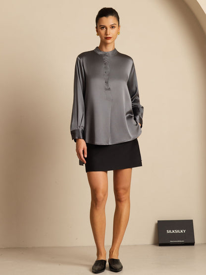 Rosstef 19Momme Silk Flex Stand Collar High-Low Bluse