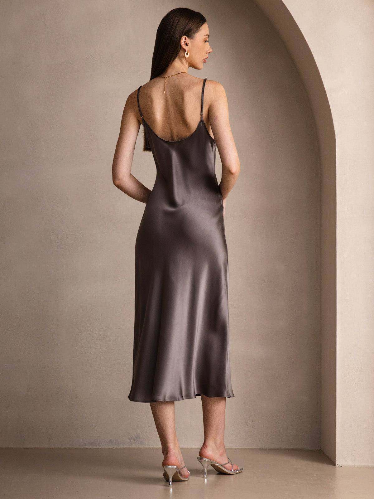 Rosstef 100% Mulberry Silk Spaghetti Strap V Neck Midi Dress