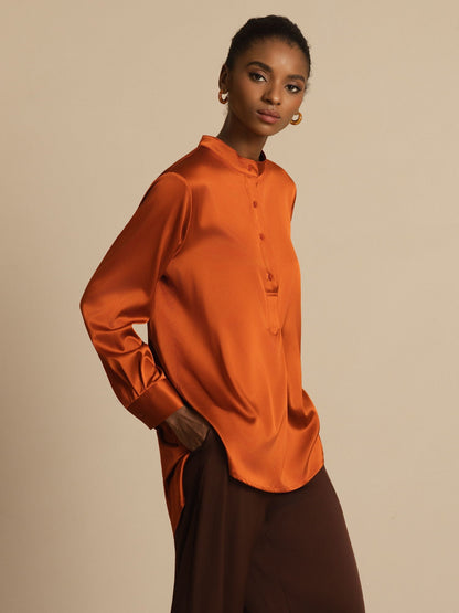 Rosstef 19Momme Silk Flex Stand Collar High-Low Bluse