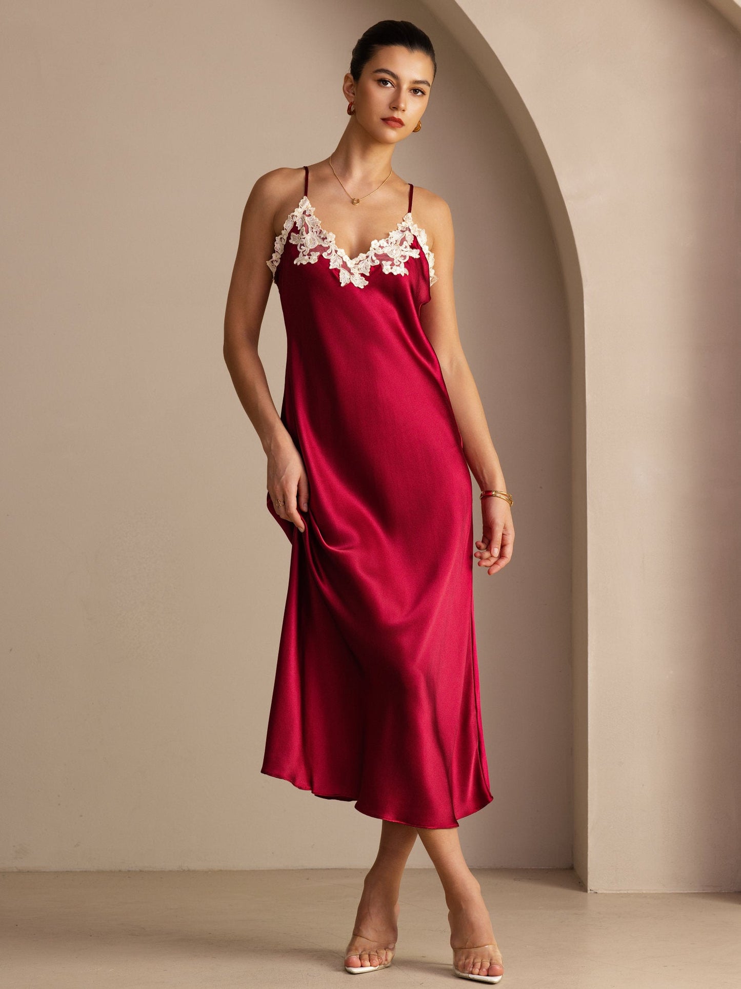Rosstef Mulberry Silk V Neck Midi Dress with Lace