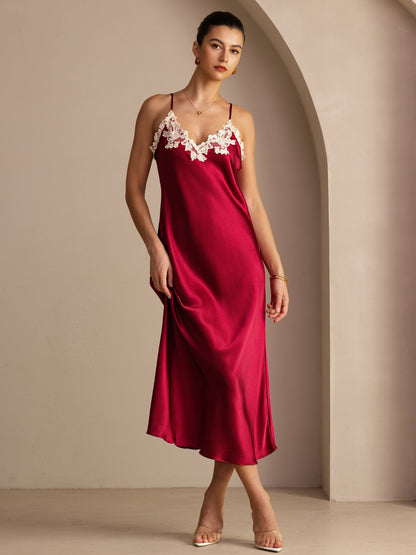 Rosstef Mulberry Silk V Neck Midi Dress with Lace