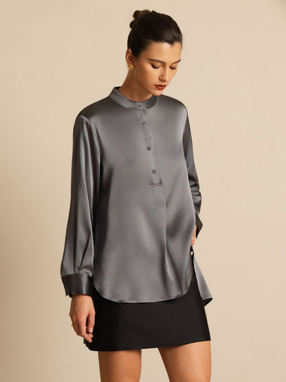 Rosstef 19Momme Silk Flex Stand Collar High-Low Bluse