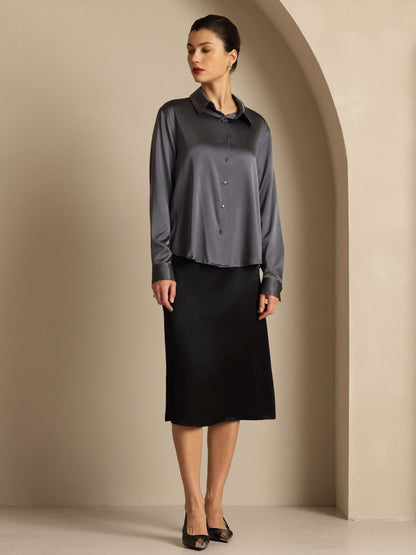 Rosstef 19Momme Silk Long Sleeve Lapel Collar Kadın Giyimi