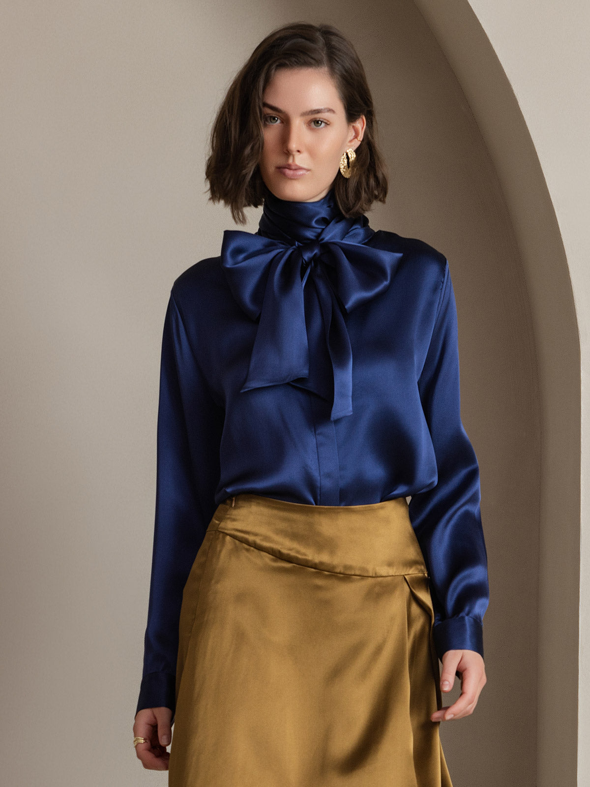 Rosstef 19Momme Silk Long Sleeve High Neck Blouse