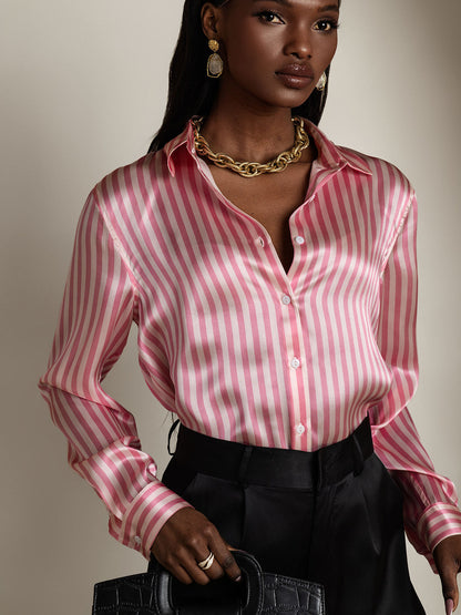 Rosstef 19Momme Silk Stripe Print Long Sleeve Lapel Collar Kadın Evi Giyimi