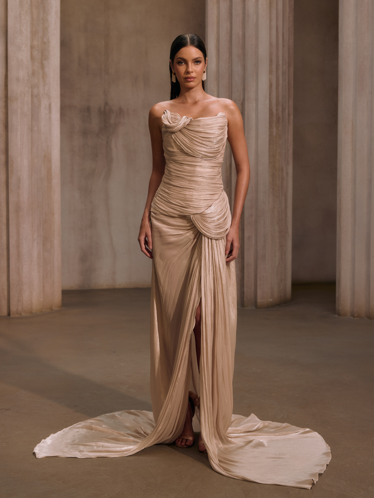 Kawasakix Strapless Ruched Split Maxi Dress In Ivory