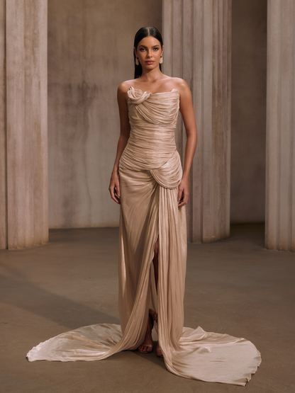Kawasakix Strapless Ruched Split Maxi Dress In Ivory