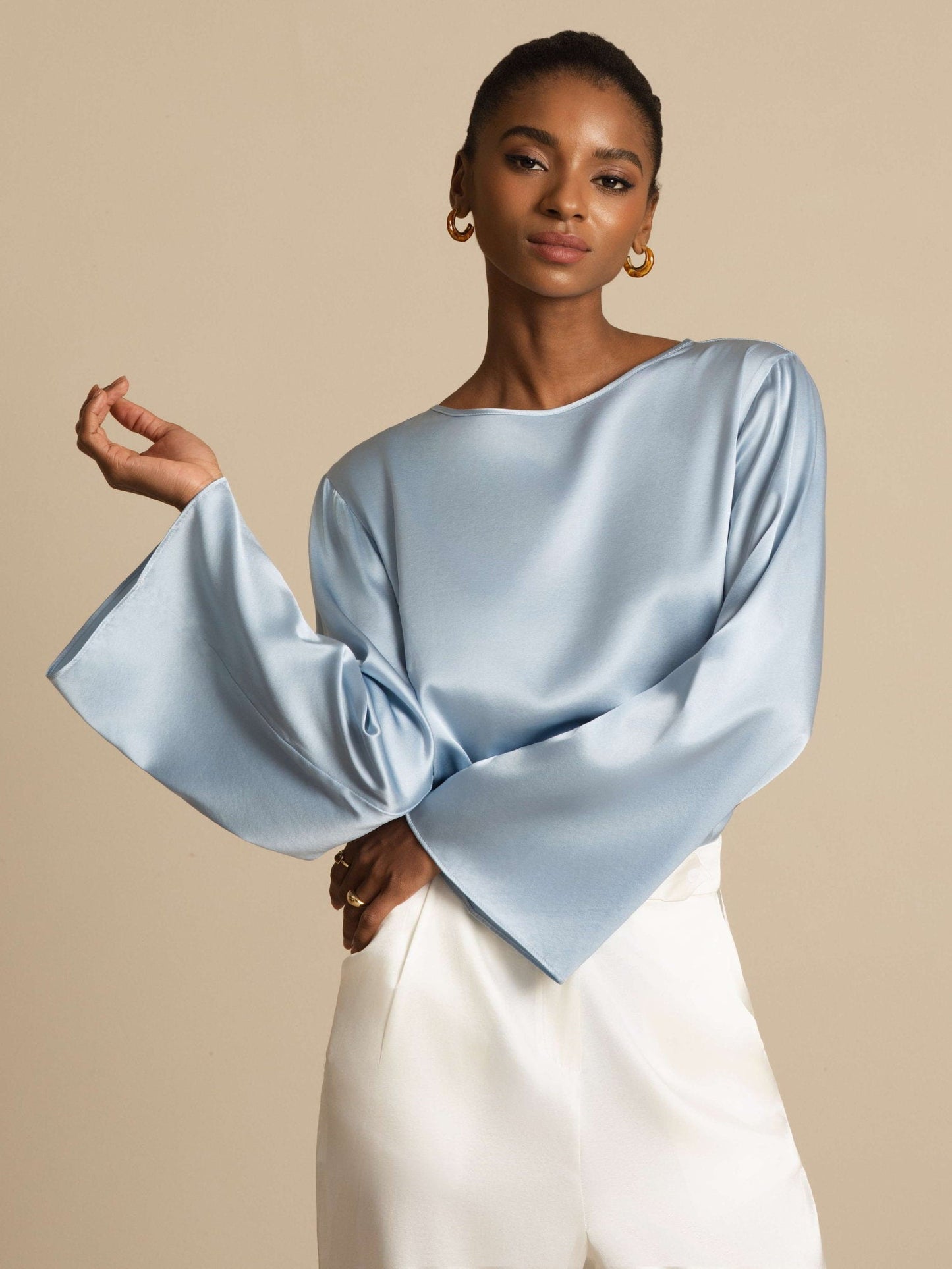 Rosstef 19Momme Silk Bell Sleeve Boat Neck Kadın Giyimi