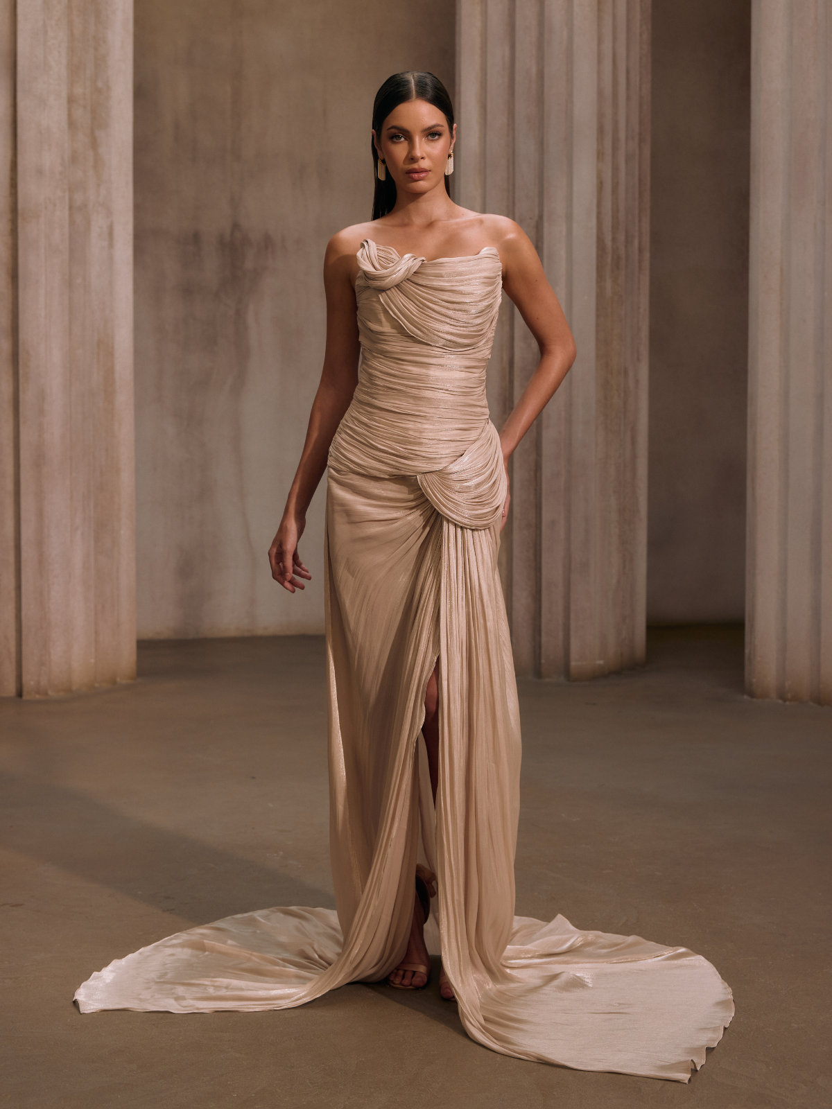 Kawasakix Strapless Ruched Split Maxi Dress In Ivory