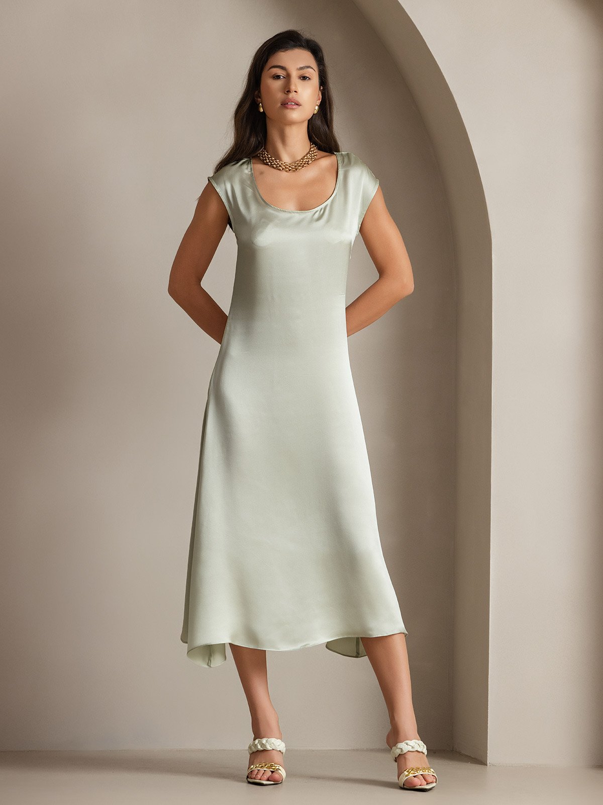Rosstef 19Momme Silk Cap Sleeve Round Neck Midi Dress