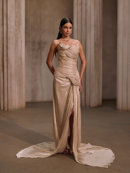 Kawasakix Strapless Ruched Split Maxi Dress In Ivory