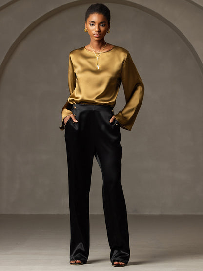 Rosstef 19Momme Silk Bell Sleeve Boat Neck Kadın Giyimi