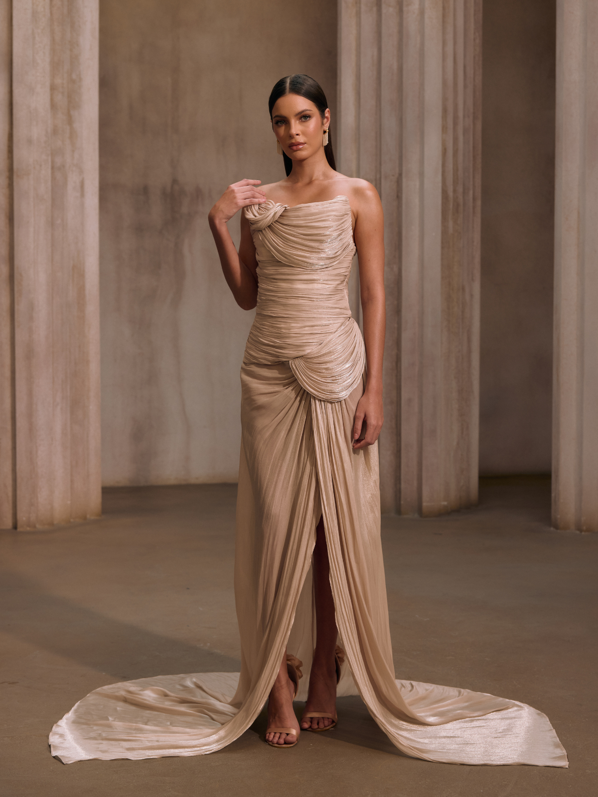 Kawasakix Strapless Ruched Split Maxi Dress In Ivory