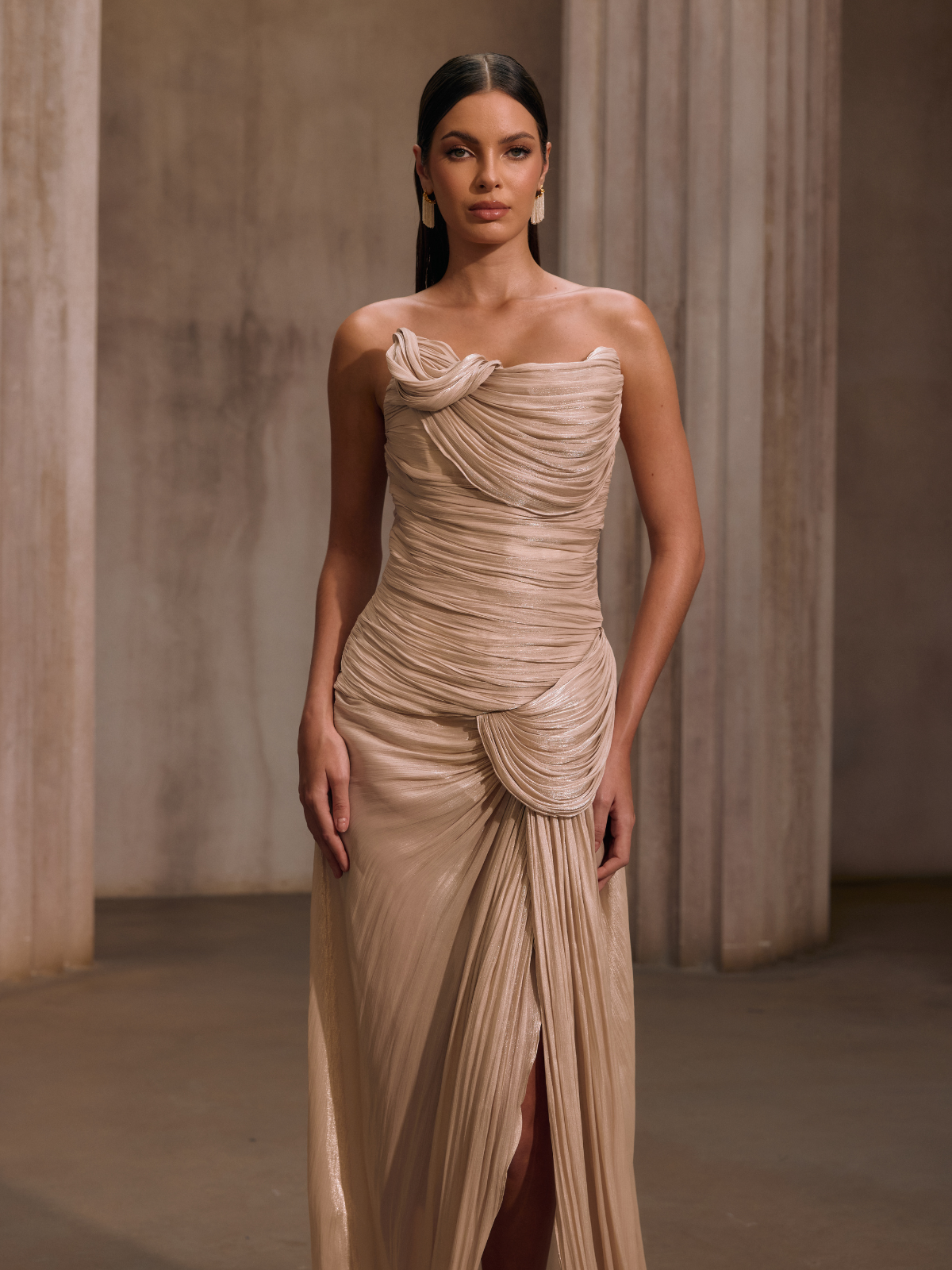 Kawasakix Strapless Ruched Split Maxi Dress In Ivory