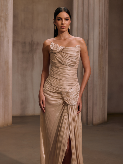 Kawasakix Strapless Ruched Split Maxi Dress In Ivory