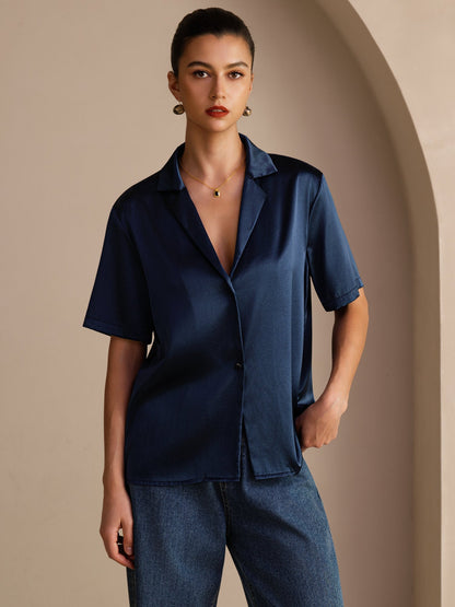 Rosstef 19Momme Silk Short Sleeve Notched Lapel Kadın Elbisesi