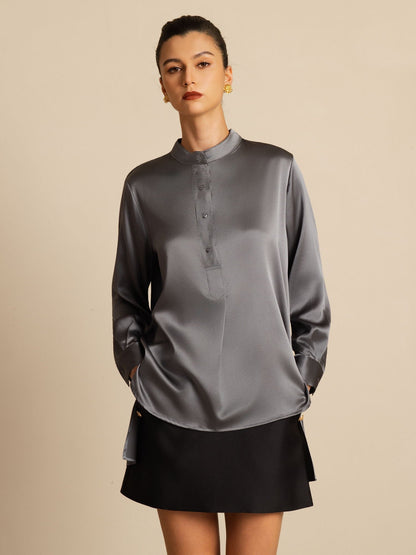 Rosstef 19Momme Silk Flex Stand Collar High-Low Bluse