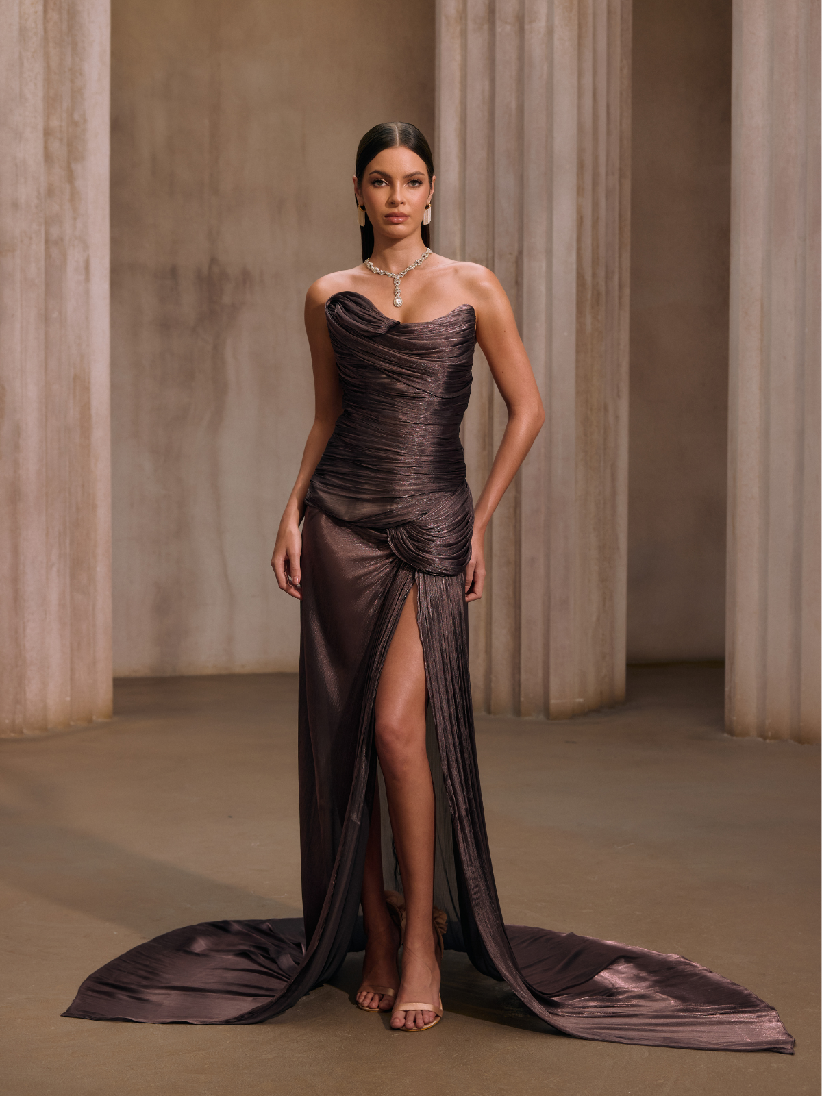 Rosstef Maviden Brown Strapless Maxi Dress