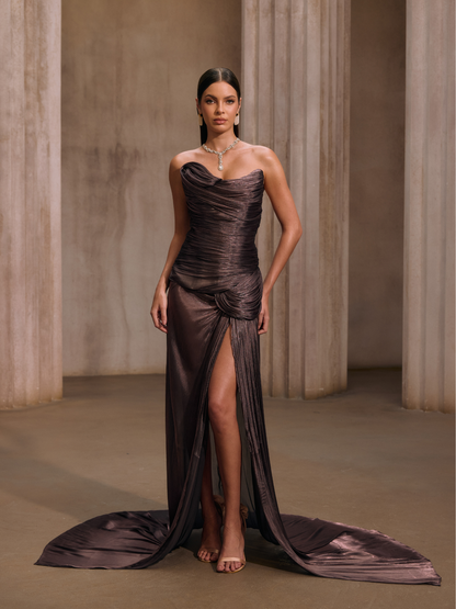 Rosstef Maviden Brown Strapless Maxi Dress