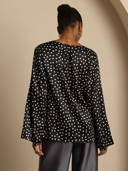 Rosstef Kadınlar için Polka Dot Print Bell Sleeve Boat Neck Üst