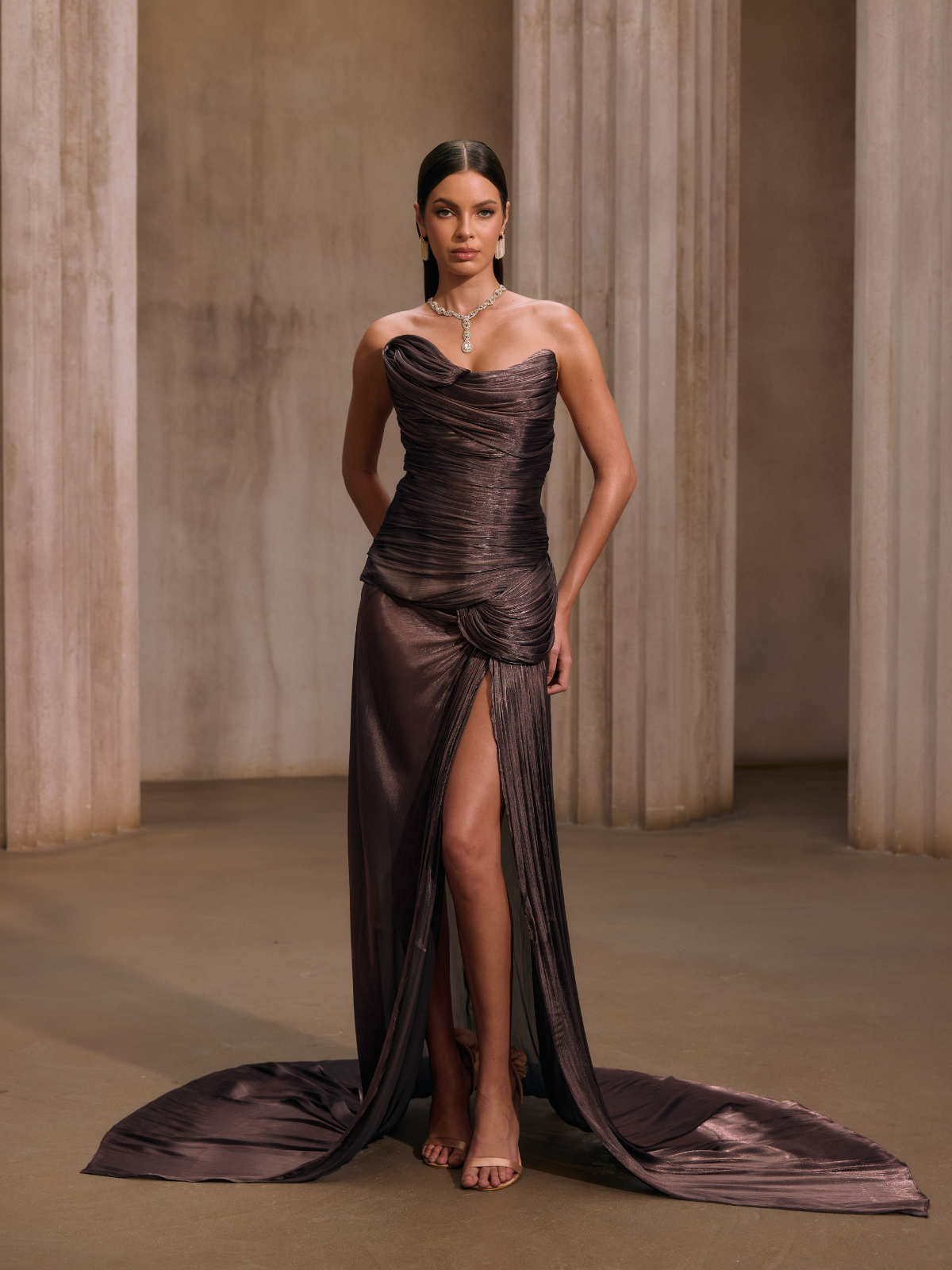 Rosstef Maviden Brown Strapless Maxi Dress