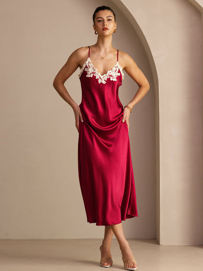 Rosstef Mulberry Silk V Neck Midi Dress with Lace