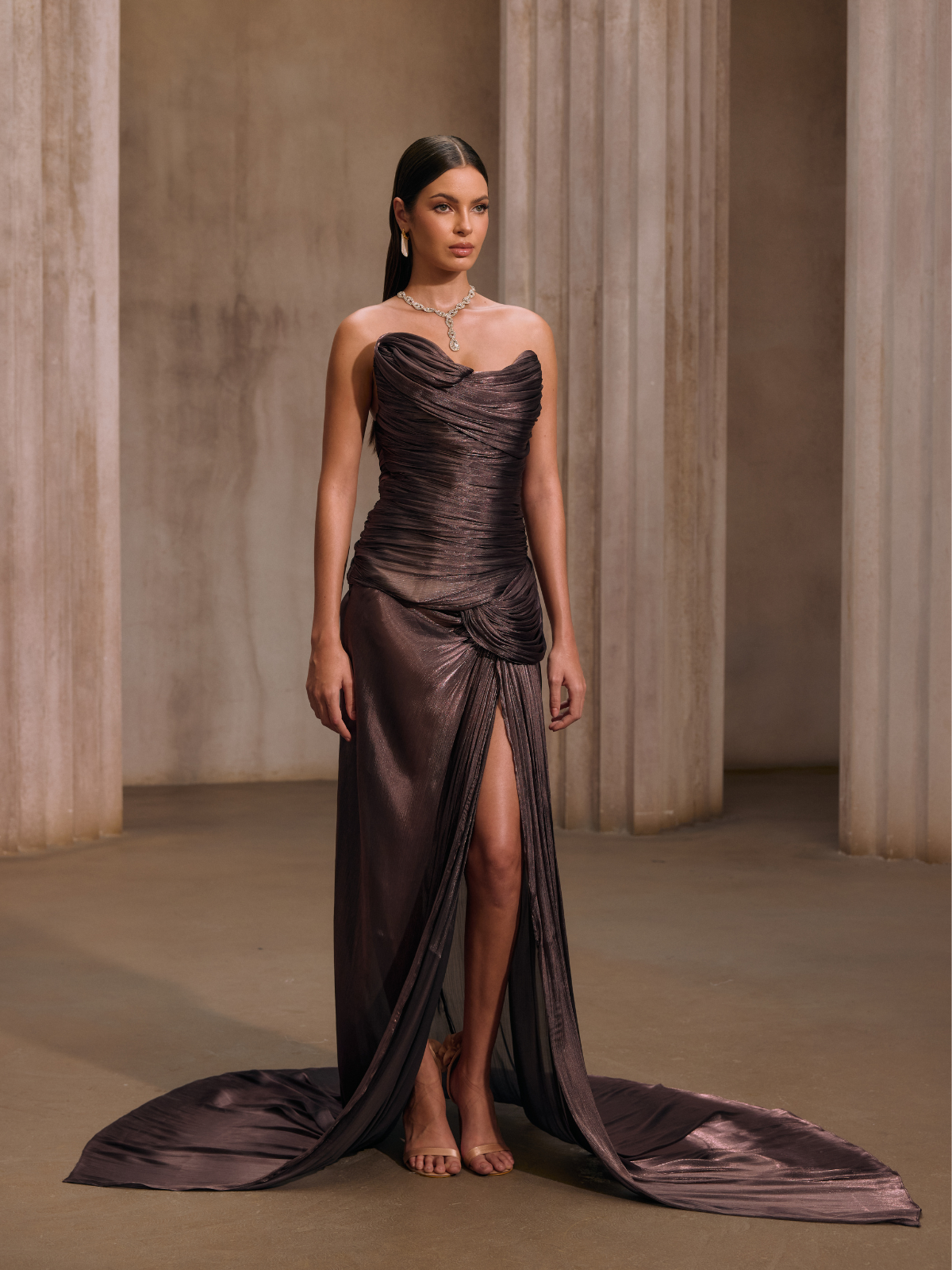 Rosstef Maviden Brown Strapless Maxi Dress