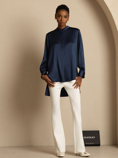 Rosstef 19Momme Silk Flex Stand Collar High-Low Bluse