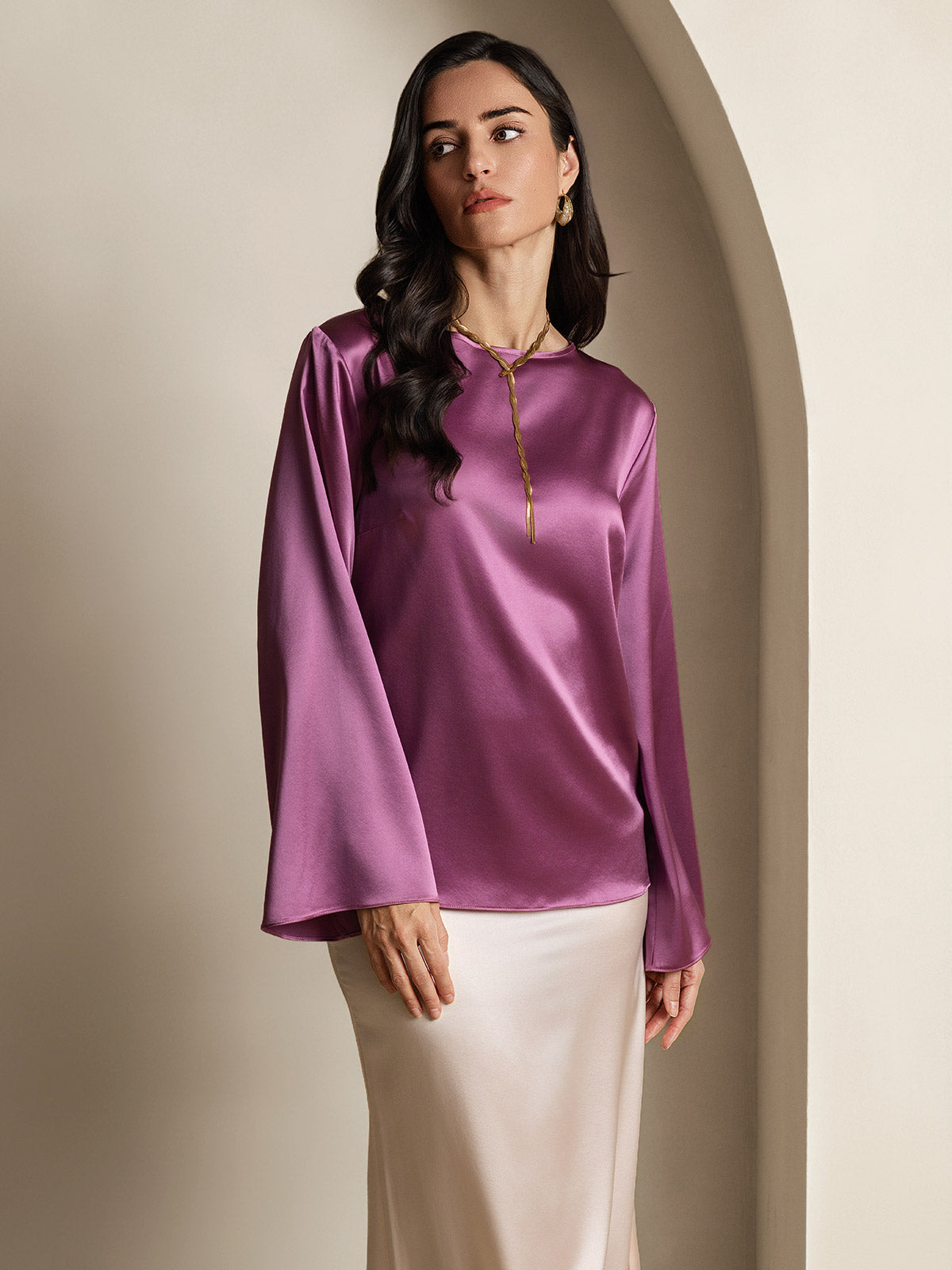 Rosstef 19Momme Silk Bell Sleeve Boat Neck Kadın Giyimi