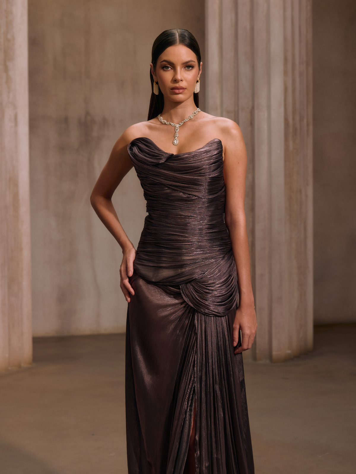 Rosstef Maviden Brown Strapless Maxi Dress