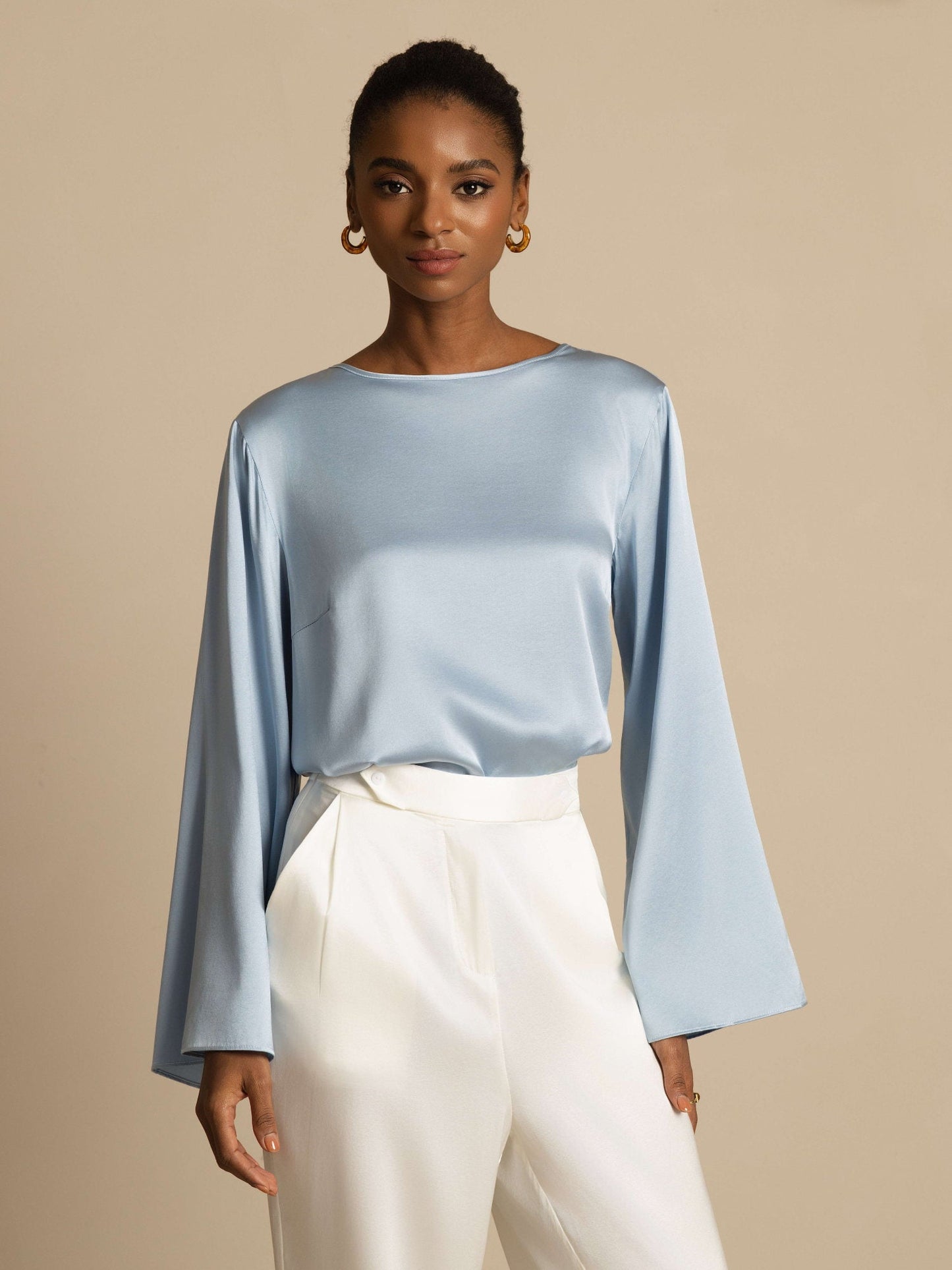 Rosstef 19Momme Silk Bell Sleeve Boat Neck Kadın Giyimi