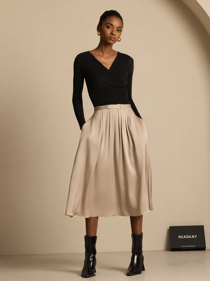 Rosstef 19Momme Silk Yüksek Kemerli Midi Şalvar ile Cep Pusurları