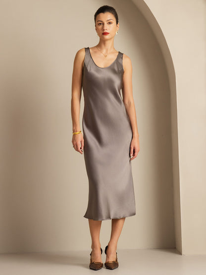 Rosstef 100% Mulberry Silk U Neck Midi Long Dress