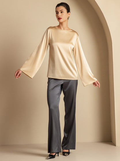 Rosstef 19Momme Silk Bell Sleeve Boat Neck Kadın Giyimi
