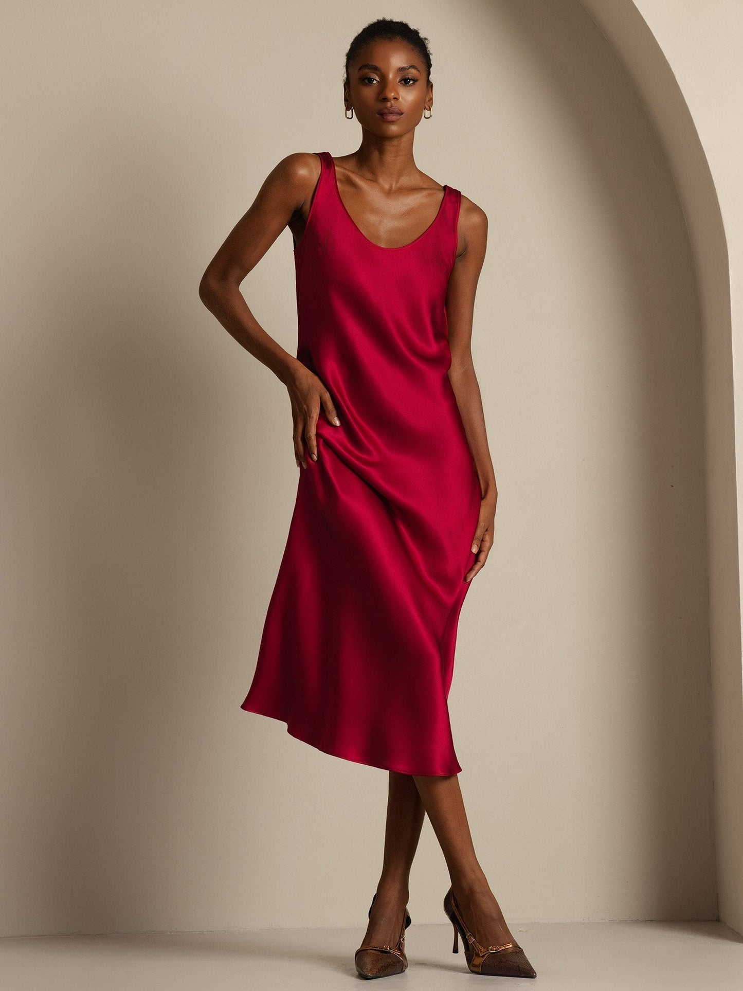 Rosstef 100% Mulberry Silk U Neck Midi Long Dress