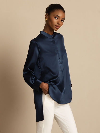 Rosstef 19Momme Silk Flex Stand Collar High-Low Bluse
