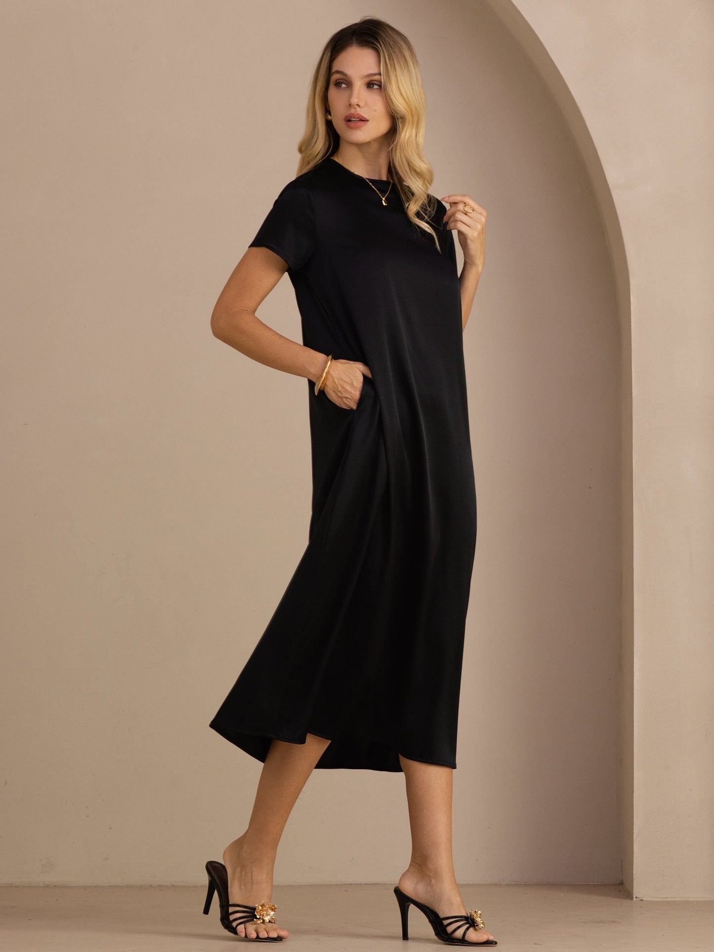 Rosstef 19Momme Silk Midi Dress With Side Pockets