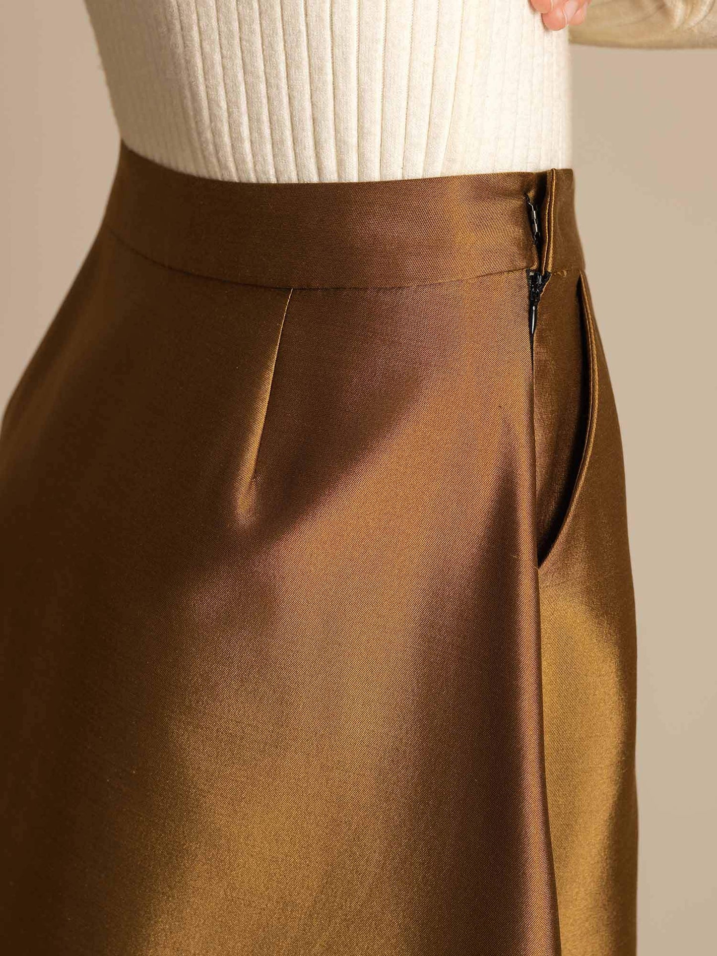Rosstef 32Momme Silk-Wool Blend A Line Midi Skirt with Zipper Design