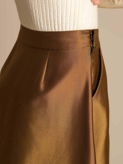 Rosstef 32Momme Silk-Wool Blend A Line Midi Skirt with Zipper Design