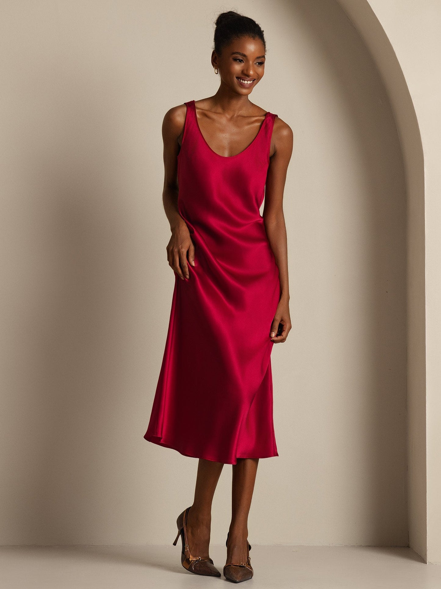 Rosstef 100% Mulberry Silk U Neck Midi Long Dress